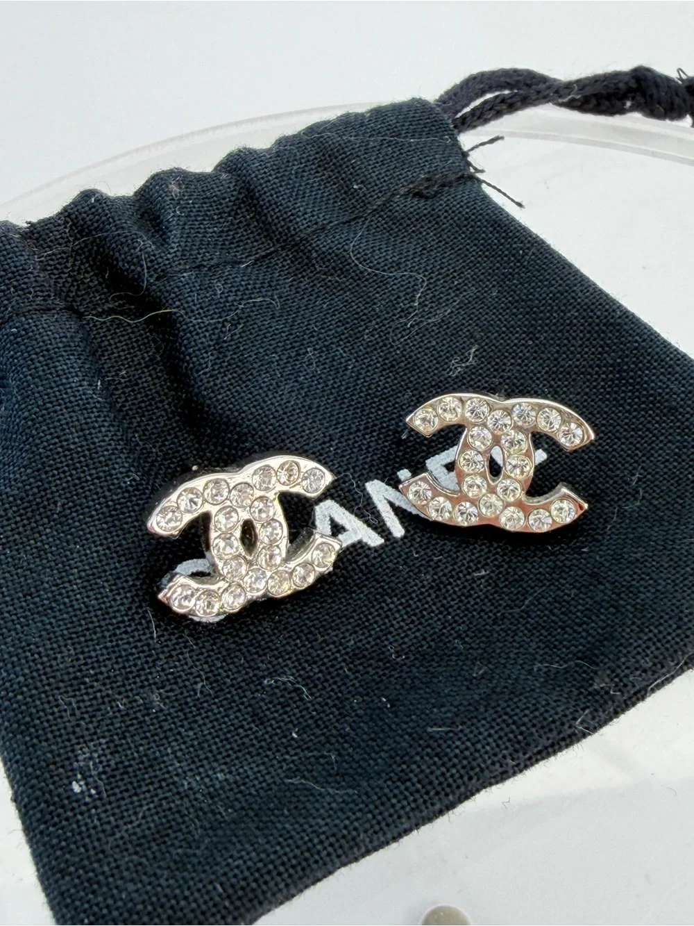 Chanel Silver Rhinestone Stud Earrings Silvery Metal